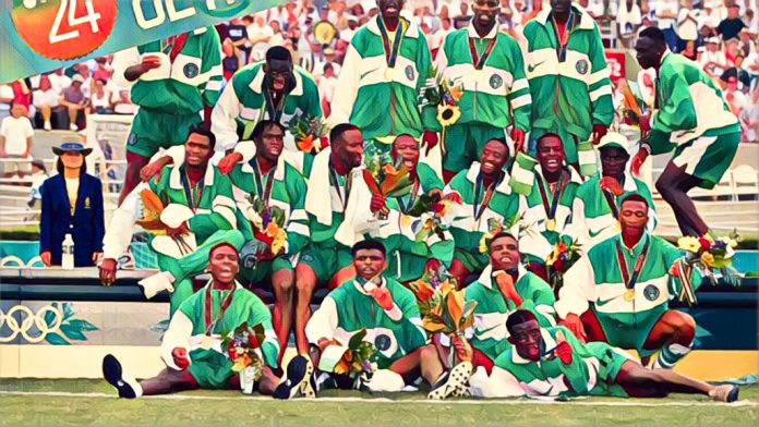 Nigerian Olympic athletes celebrating gold medal victories